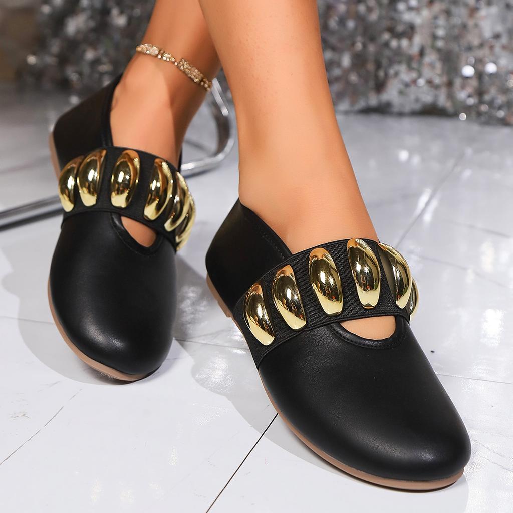 Fashion Deep Mouth Women's Round Toe Loafers Diamond Stud Ballet Flat Shoes Black PU Leather Crystal Shoes Women Comfortable Party Shoes