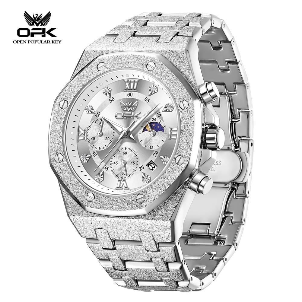 OPK 8196 Luxury Quartz Watch for Man Chronograph Steel Strap Luminous Auto Date Moon Phase Men’s Dress Wristwatch