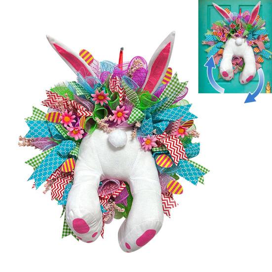 Electric Easter Bunny Wreaths for Front Door Handmade Easter Rabbit Mesh Bow Garland Plush Bunny Butt Door Ornament for Outside Wall Window Spring