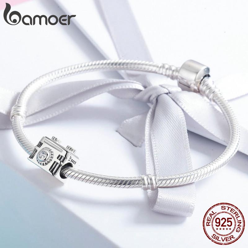 BAMOER Original 925 Sterling Silver Sentimental Snapshots Camera Charm Fit Bracelet Necklace Black Enamel DIY Jewelry SCC516