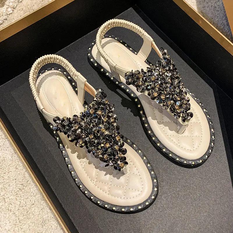 Sandals for Women Summer 2025 Rhinestones Beach Ladies Shoes Diamond Footwear Open Toe Comfort Comfortable and Elegant Vip F H