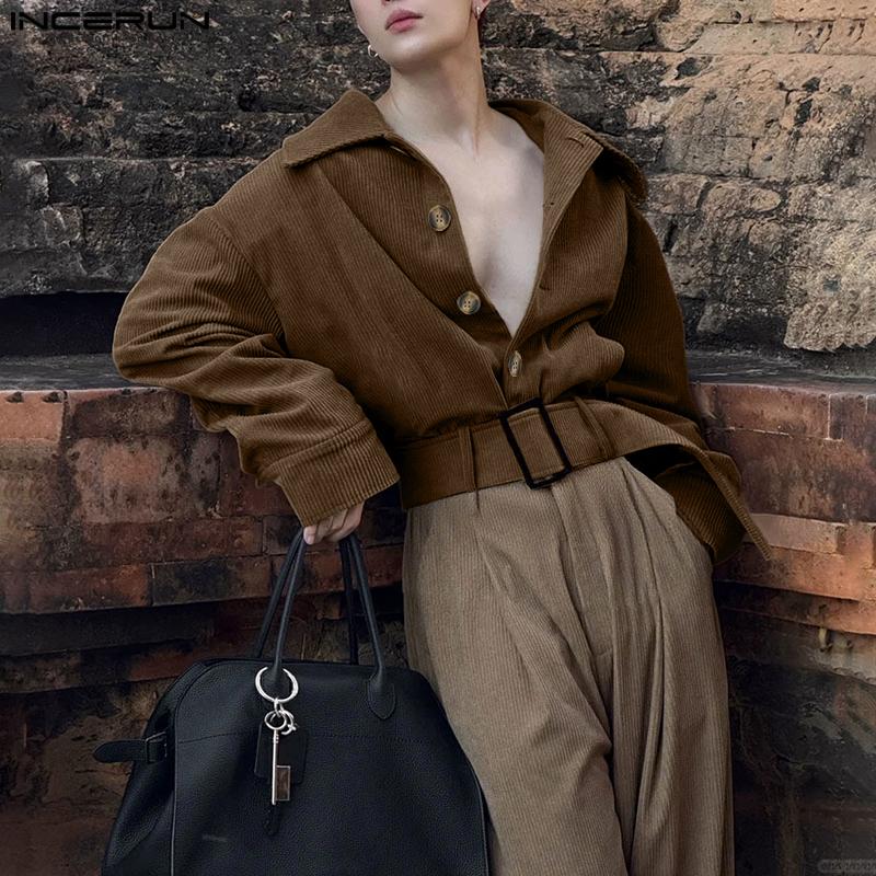 INCERUN Autumn Men Lapel Neck Long Sleeve Corduroy Casual Short Jackets Coats