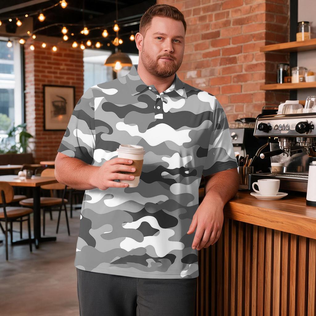 Men's Big Size Camouflage Print Golf Shirt Breathable Short Sleeve Polo Shirt Suitable for Casual Workwear Tops