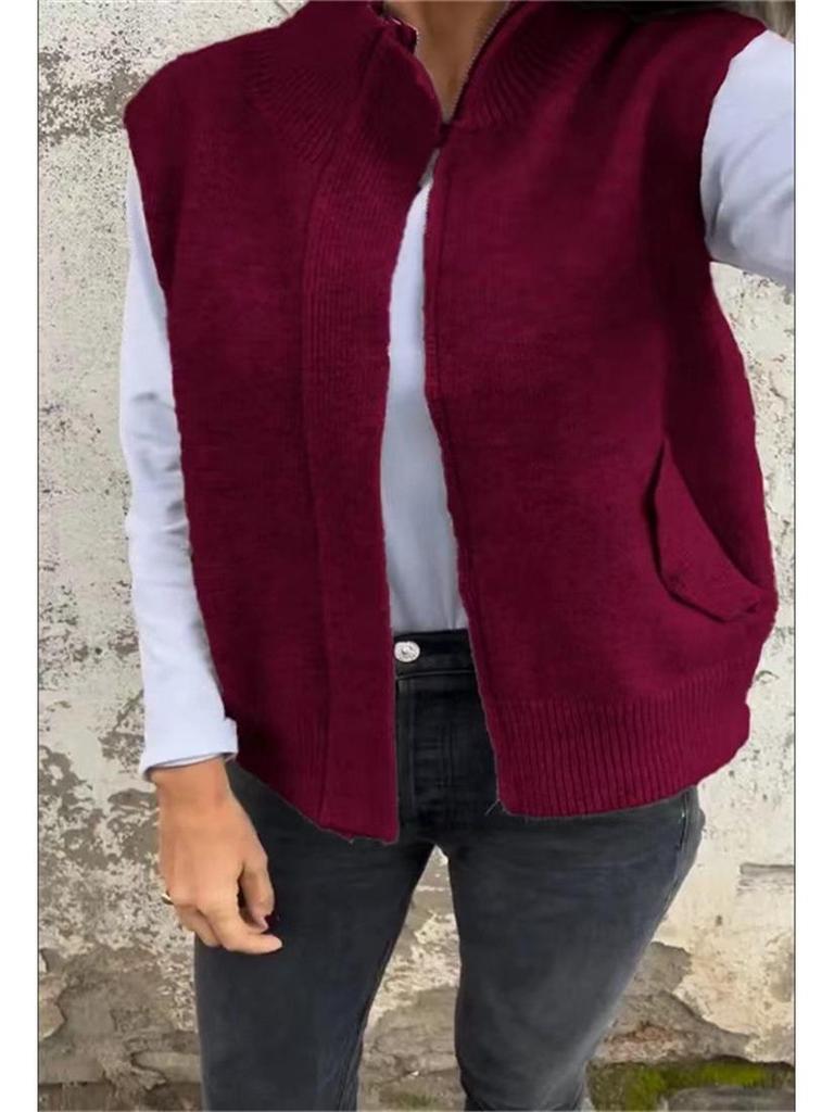 European and American Women's Autumn/Winter Stand Collar Zipper Sweater Vest - Loose Knit Casual Cardigan