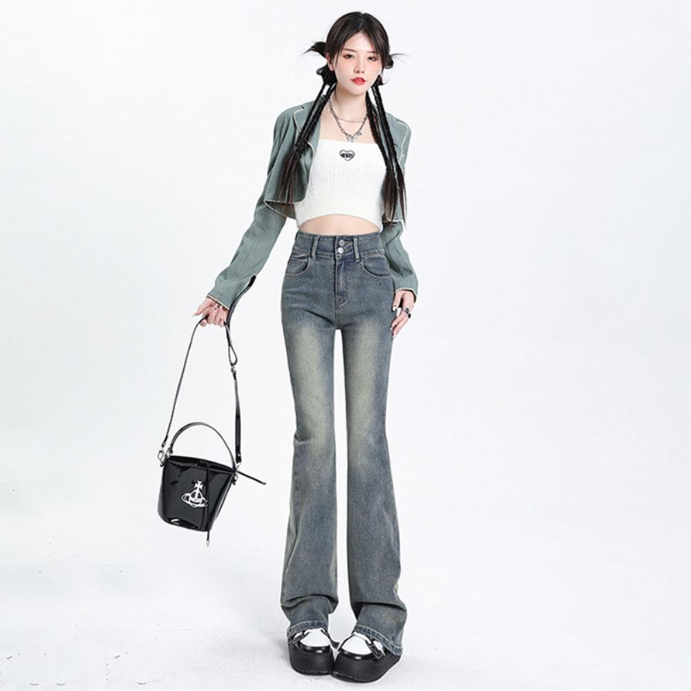 American Retro Micro-flared Jeans for Women's Winter High Waist and Thin Elastic Babes, Small Mopping Horseshoe Pants