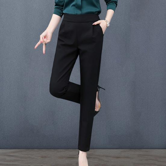 Women Solid Color Suit Pants High Waist Elastic Waistband Slant Pockets Slim Fit Casual Long Trousers Workwear