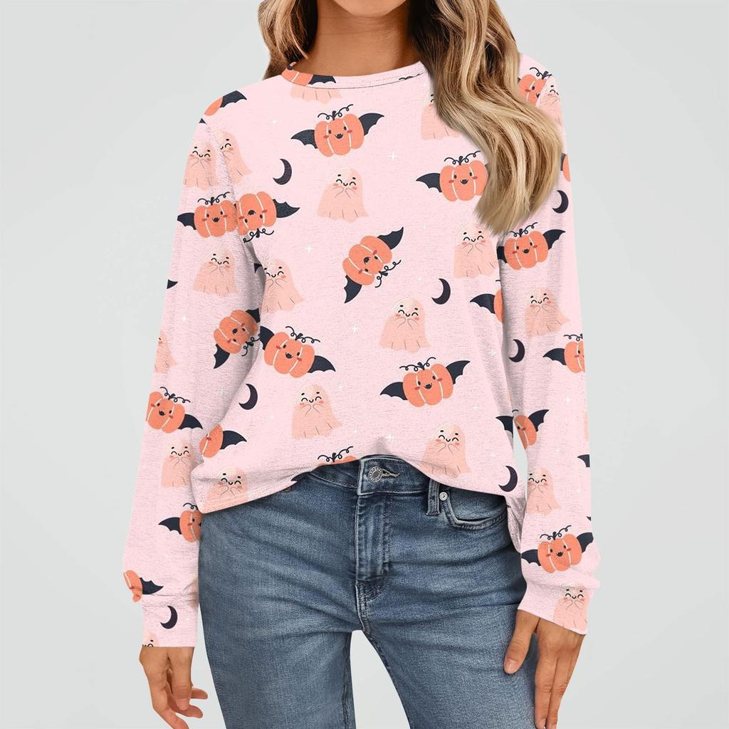 Women's Fashion Long Sleeve Shirts Loose Fitted Crewneck Basic Halloween Print Tops Casual Outfits