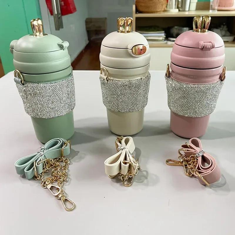 480ML Straight Cup Luxury Rhinestone Stainless Steel Vacuum Insulated Cup With Chain Water Bottles Tumblers Thermos Bottle Gifts