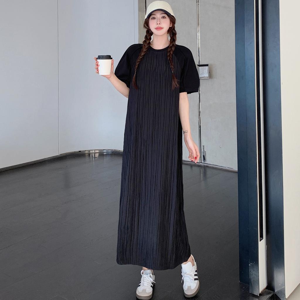 Dimanaf 2025 Summer Plus Size Dress Women Casual Vintage Short Sleeve Pleated Black Long Dress Loose Basic Dress