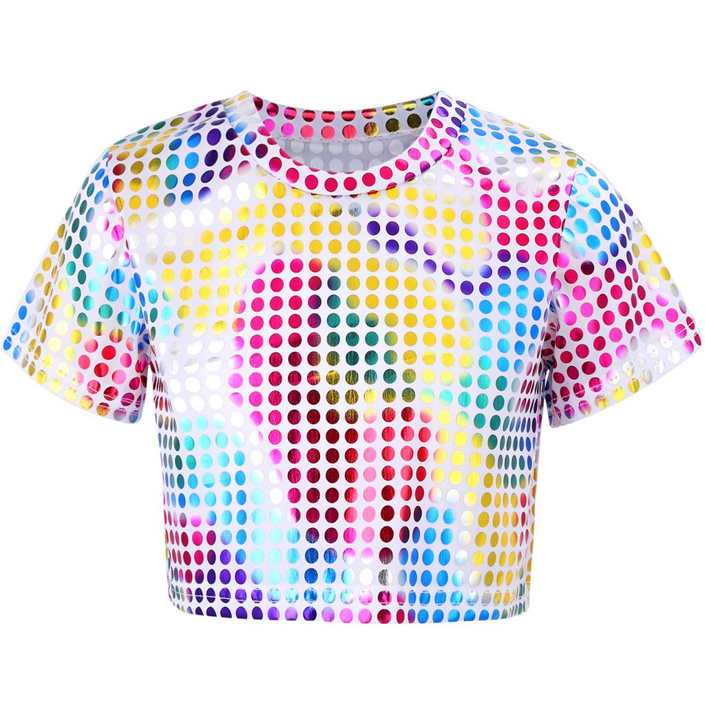 Boys Girls Sparkly Dance Crop Top Round Neck Short Sleeve Sequined Design for Performances