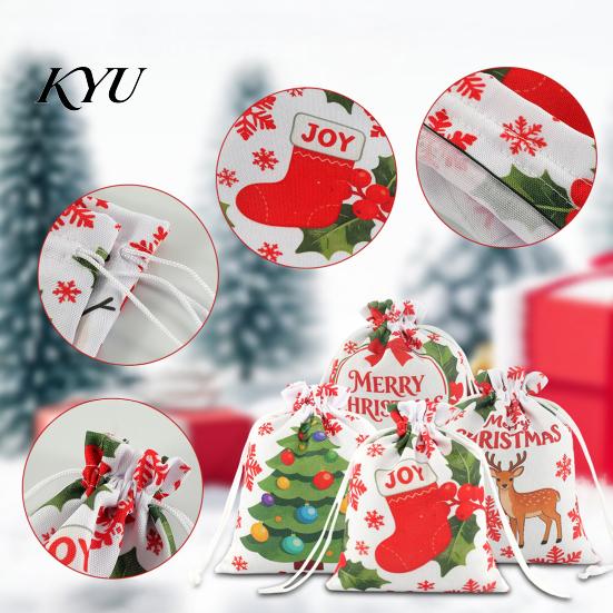 Christmas Eve Gift Wraps 2Pcs Drawstring Bags, Xmas Tree Reindeer Printed Candy Treat Small Goodie Bags Pouches, Reusable Fabric Holiday Party
