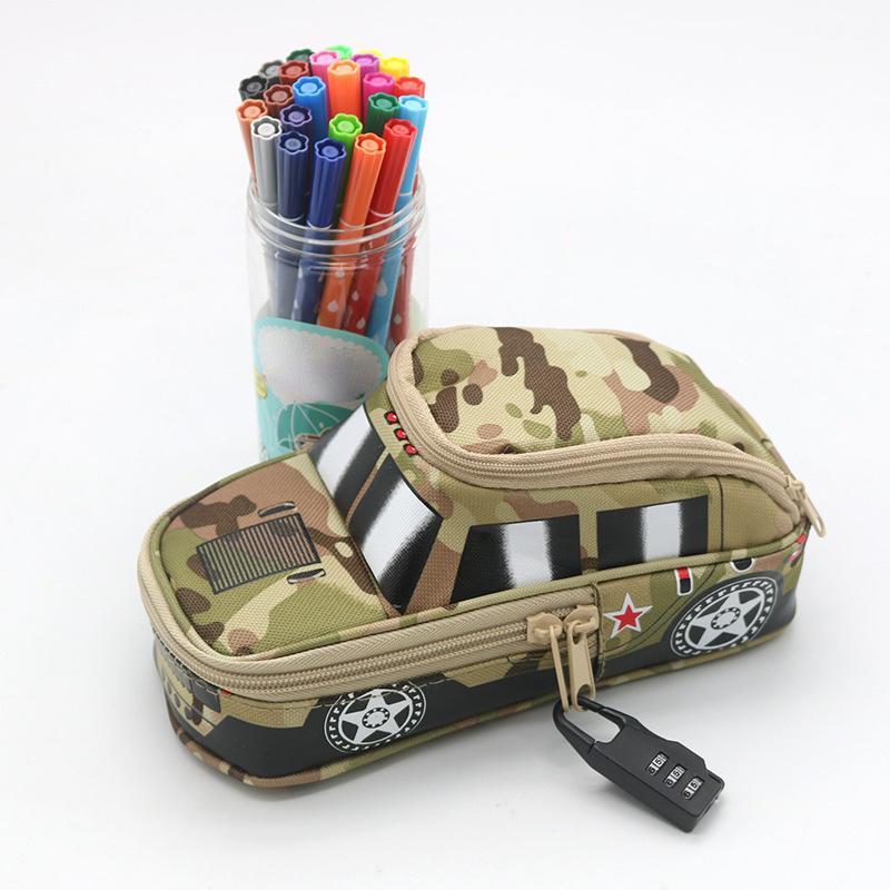 1 Vehicle Pen Pouch Bag with Combination Lock for Boys Double Zipper Camouflage Canvas Pencil Box