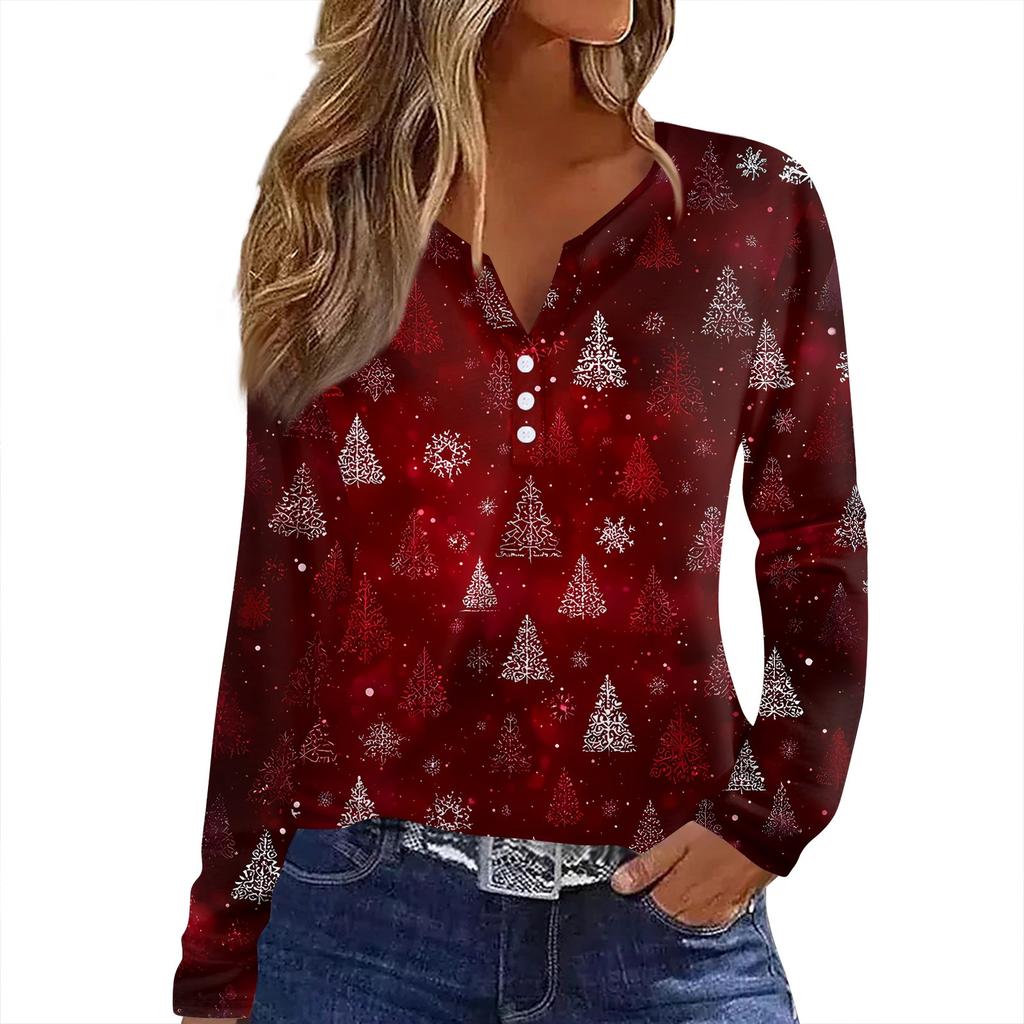 Женская футболка с рождественским принтом на пуговицах с длинным рукавом, повседневная, выходного дня, модная, базовая, с V-образным вырезом, обычная