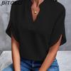 BITCED Летняя женская футболка с V-образным вырезом - Однотонная повседневная футболка-пуловер с коротким рукавом