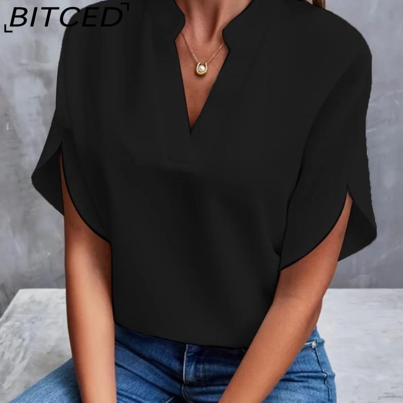 BITCED Летняя женская футболка с V-образным вырезом - Однотонная повседневная футболка-пуловер с коротким рукавом