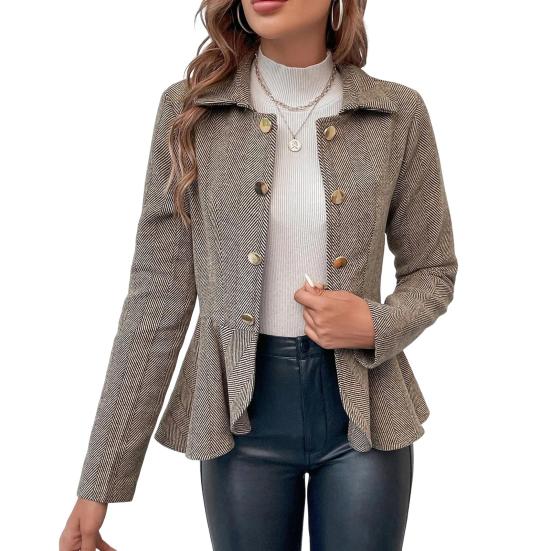 Женский повседневный пиджак с лацканами, длинный рукав, двубортный пиджак с оборками и полосатым принтом, деловая верхняя одежда