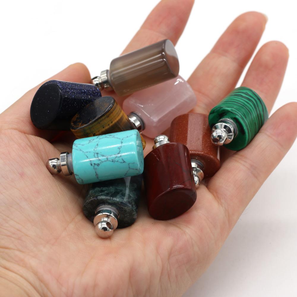 1Pc Flat Cylindrical Natural Stone Perfume Bottle Pendant, Reiki Healing Crystal Gems Charms for DIY Necklace Hanging Decorative Jewelry Making Crafts