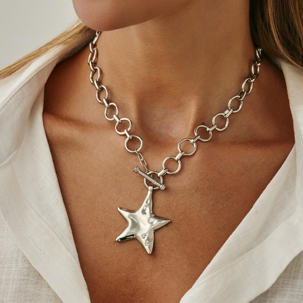 OT Buckle Chunky Chain Necklace Gold Color Clavicle Chain New Pentagram Pendant Necklace Jewelry