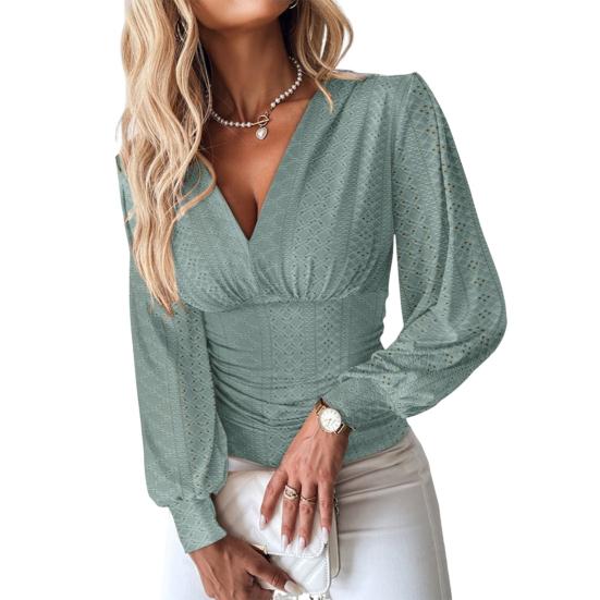 Женская рубашка с V-образным вырезом, длинным рукавом, ажурным узором, футболка, обтягивающая талия, повседневные летние топы, однотонная блузка