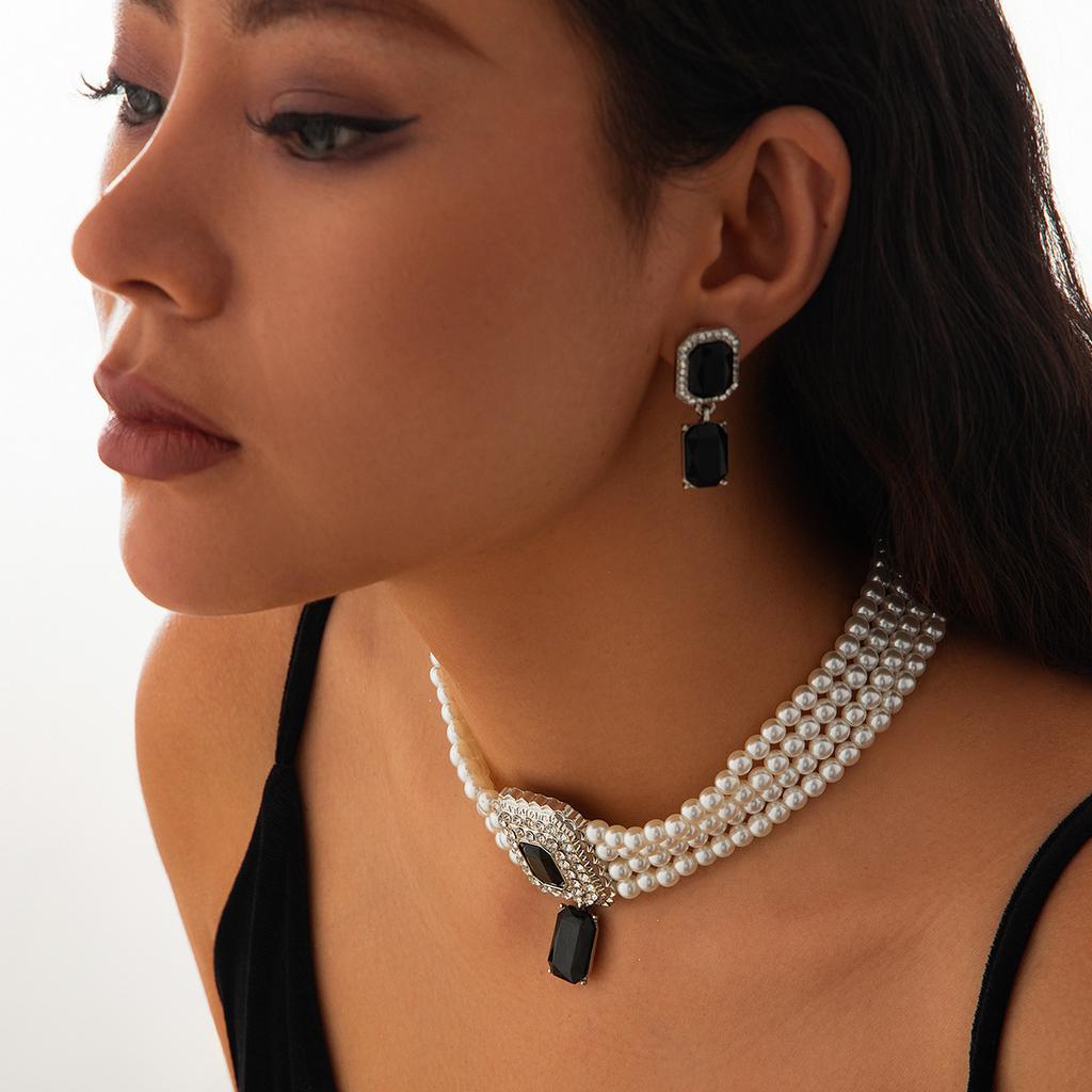 DIEZI ElegantFashion  Imitation Pearl Crystal Rhinestone Choker Necklace Stud Earrings Vintage Jewelry Sets Party Gift Jewelry