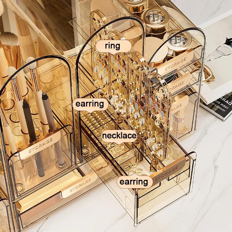 Акриловый органайзер для макияжа, косметический органайзер, пылезащитный настольный стеллаж для хранения ювелирных изделий, комод, чехол для губной помады, полка