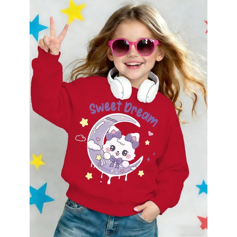 Girls' Round Neck Sweatshirt for Spring/Autumn, Cute Cartoon White Cat Sitting on The Moon with Purple Bow
