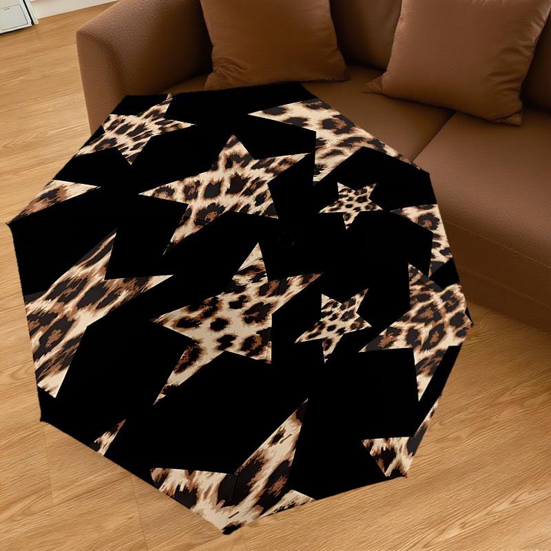 1PC Leopard Print Stars Umbrella-8-Rib Reinforced, Automatic Open, Lightweight & Durable, Cute Fashion Accessory for Outdoor, Beach or Casual Use, Bea