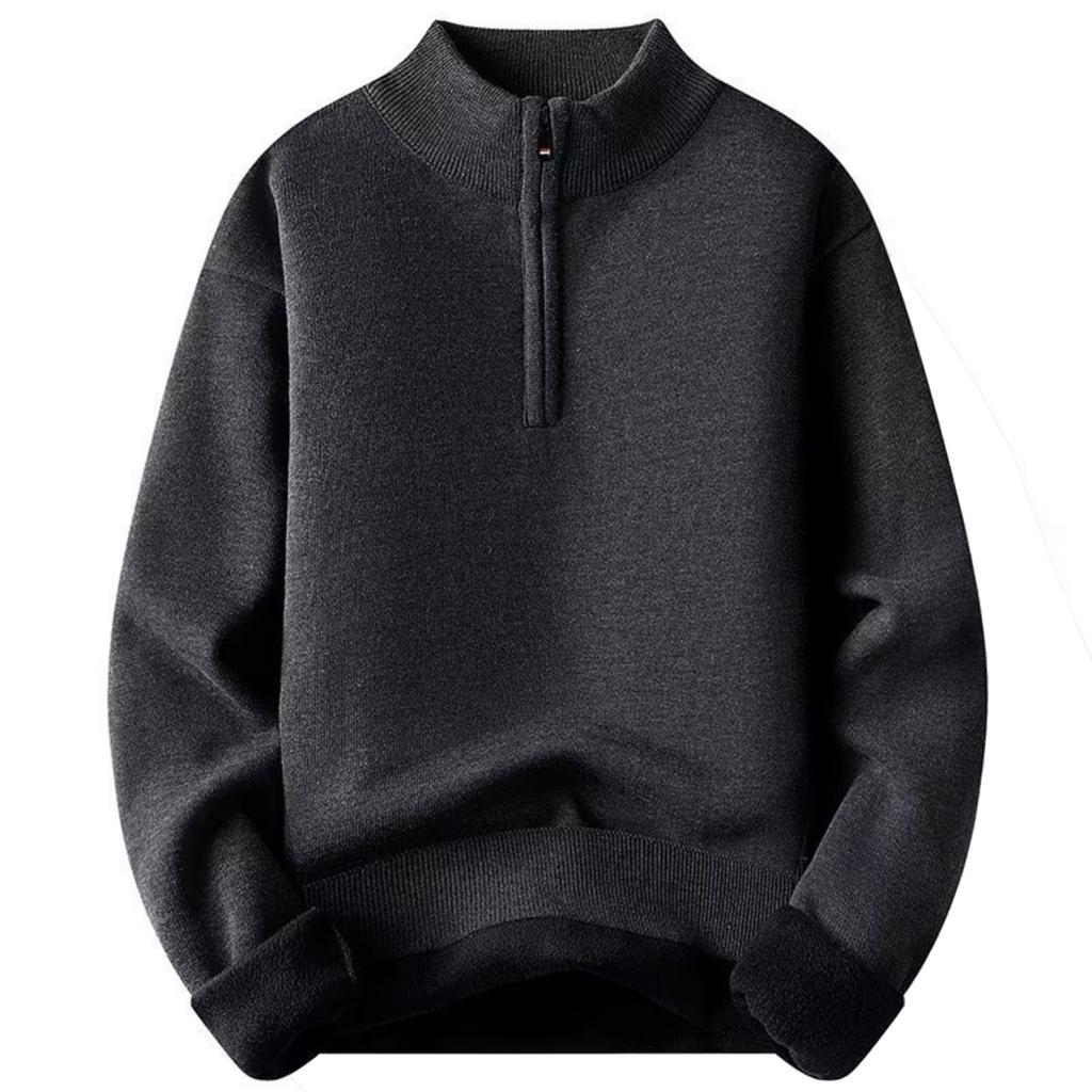 Men's Casual Solid-color Semi-zipper Knitted Sweater, Semi-high-neck Long-sleeved Warm Pullover Sweater