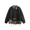 Unisex Oversized Plaid Patchwork Distressed Turn-Down Collar Hoodie Fall Casual Streetwear