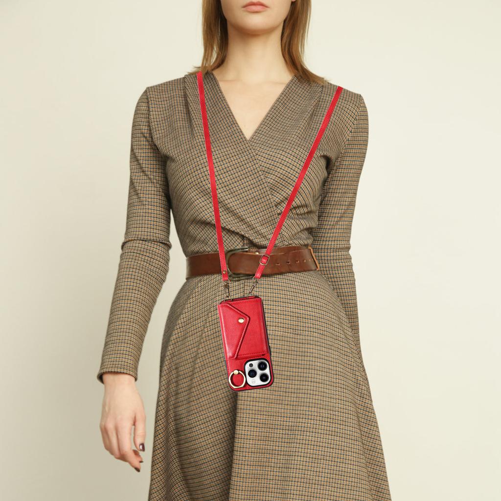 Для iPhone 16 серии. Для iPhone 16, 16 Plus, 16 Pro, 16 Pro Max плечевой ремень веревка кольцо кронштейн дизайн держатель для карт слоты личи узор чехол для телефона