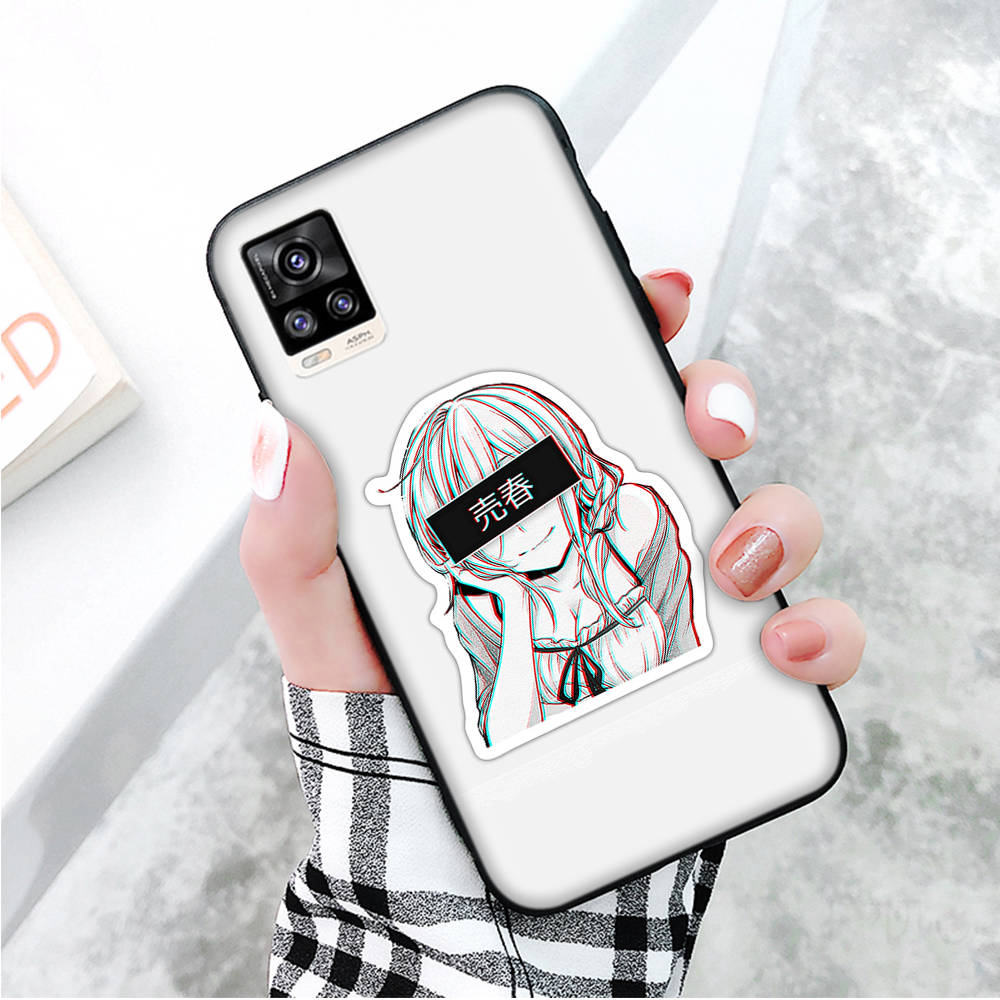 Черный чехол для Xiaomi Redmi 13C Note 9 iPhone XR 7 8 14 15 11 12 13 X XS Pro Max Samsung A25 S23 S24 FE Ultra Plus наклейки Аниме Девушка