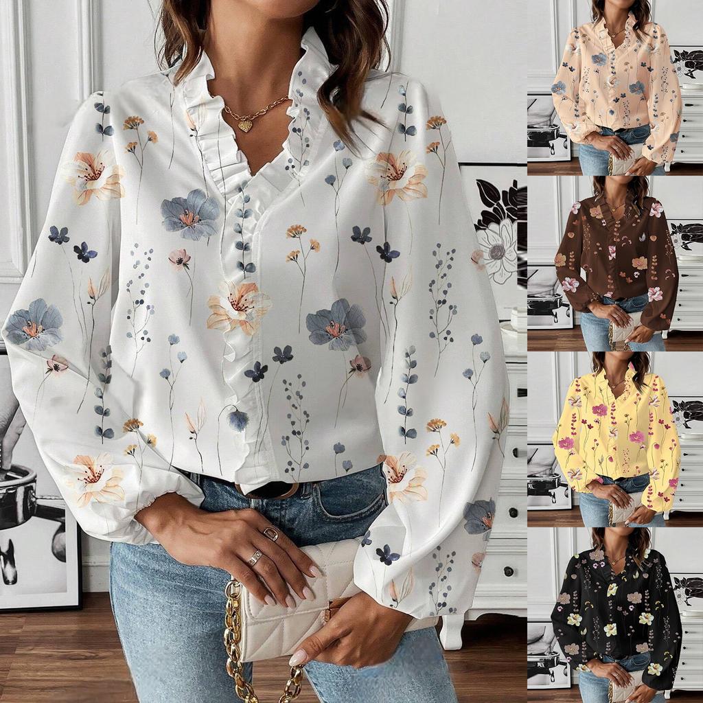 Women's Fall Ruffle V-Neck Fashion Printed Long Sleeve T-Shirt Shirt Top