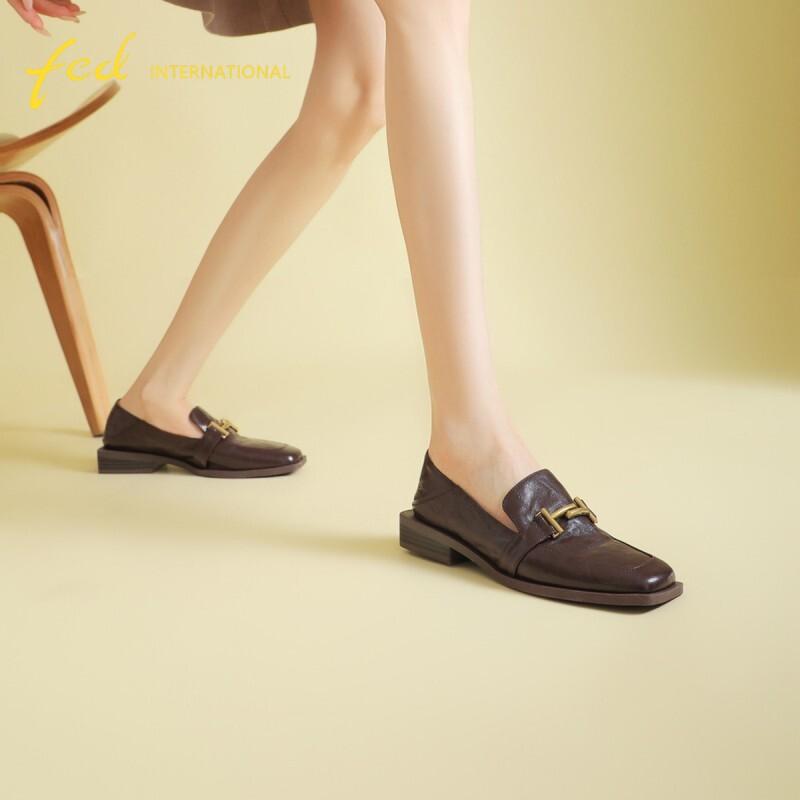 2026 Sheepskin Women's Shoes Square Head Comfortable Coarse Heel Le Fu Shoes Deep Mouth Design Low Heel Lightweight Women's Single Shoes Versatile