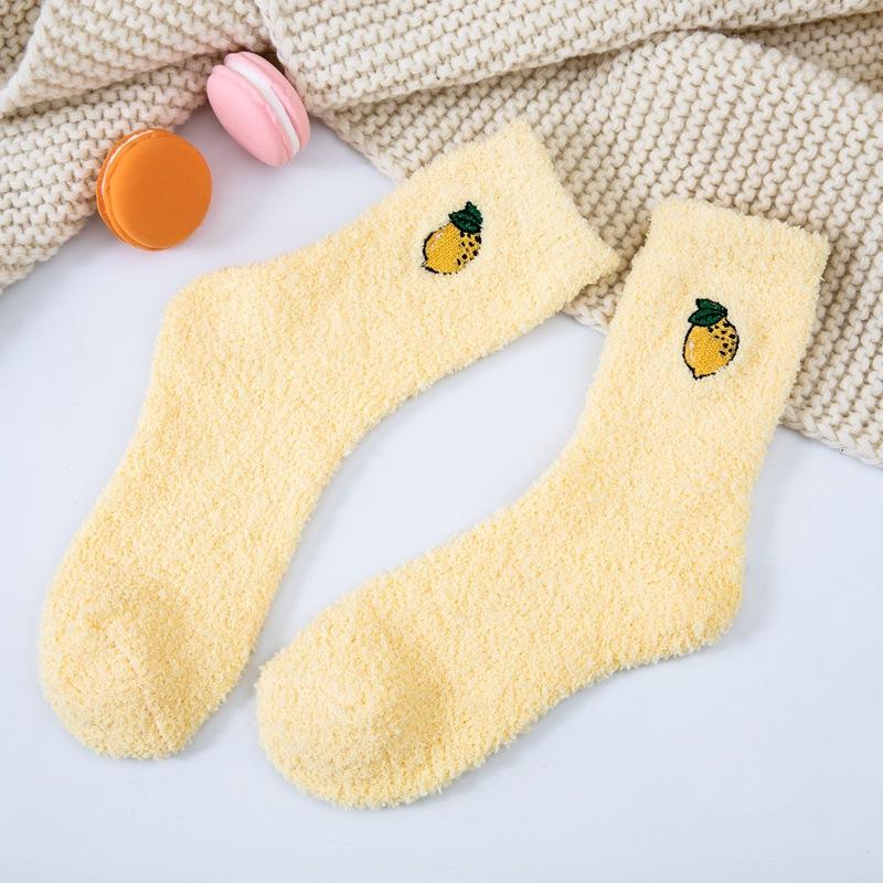 Women's Mid-Calf Coral Fleece Knitted Socks Japanese Style Fruit Embroidery Plush Winter Solid Color Thick Breathable Thermo