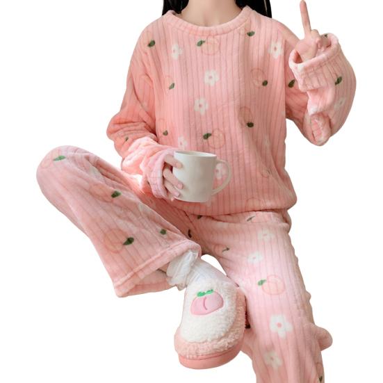 2 Pcs/Set Women Winter Pajamas Set Round Neck Cartoon Bear And Peach Pattern Long