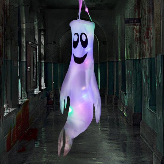 43 Inch Halloween Ghost Windsock Flags with LED Lights Outdoor Hanging Scary Light Up Ghost Wind Socks for Tree Yard Porch Garden Decor