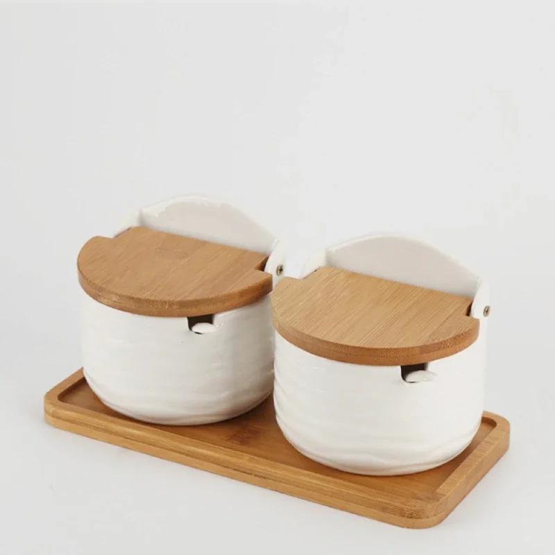 Japanese Style Ceramic Seasoning Jar Set Wood Lid Bamboo Tray Base Spice Jar with Spoon Home Sugar Salt Spices Storage Container