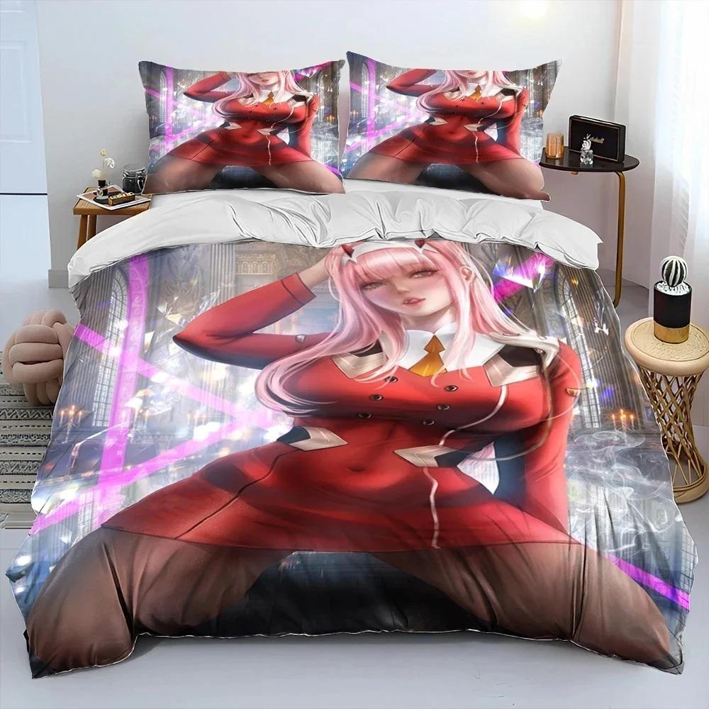 Zero Two DARLING In The FRANXX Аниме Одеяло Постельный Комплект,Пододеяльник Постельный Комплект Одеяло Наволочка,Размер Queen Постельный Комплект Детский