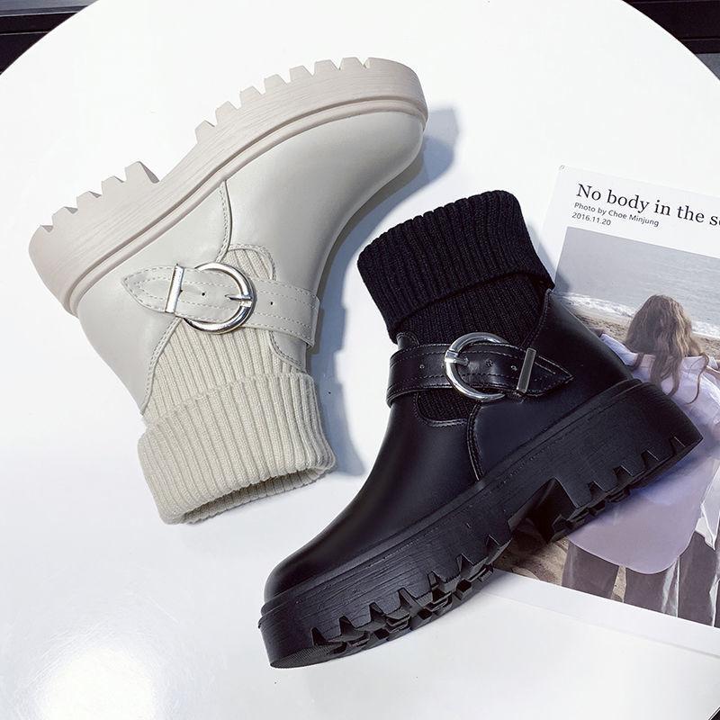 Осенние и зимние короткие сапоги из шерсти женские корейские версии толстый каблук толстая подошва трикотажные короткие сапоги термосапоги из бархата и хлопка кожа