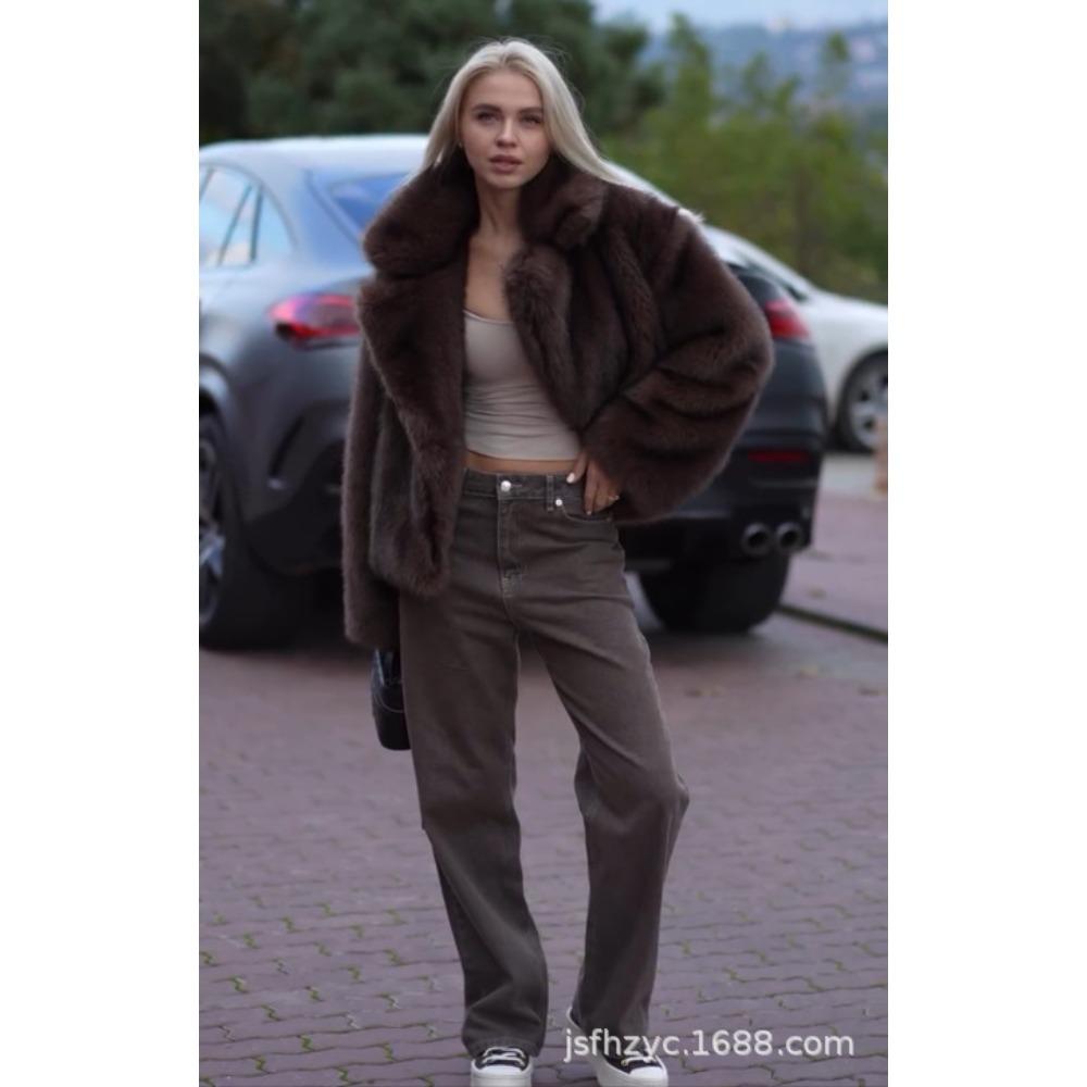 Women's Notched Lapel Long Sleeve Oversized Urban Style Faux Fur Coat Jacket