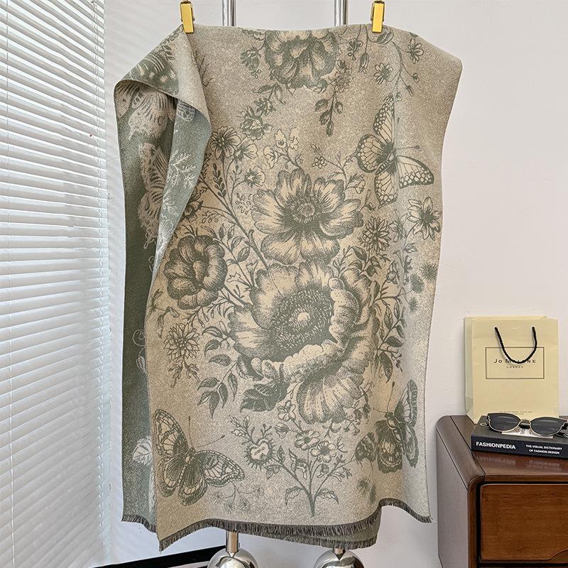 Autumn And Winter Peony Butterfly Style Retro Literary Style Printing Women'S Warm Scarf Shawl