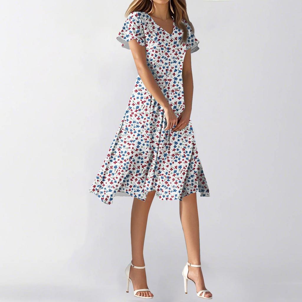 Женское летнее повседневное модное платье с цветочным принтом и V-образным вырезом, короткая юбка с коротким рукавом