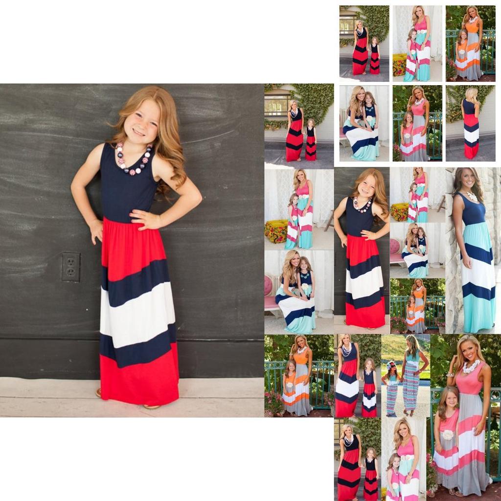 Stunning Color-blocking Blue And Red Striped Maxi Dress For Women And Kids
