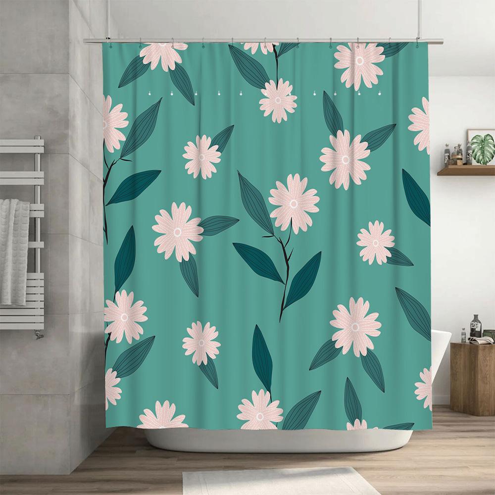 Floral Pattern Shower Curtain Decor Bathroom Waterproof Fabric Decoration Home Decorative Accessories Green with Pink Flowers Si