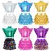 Girls Jazz Set Metallic Ruffle Crop Top Mock Neck Mesh Patchwork Plus Sequined Tiered Ruffled Culottes