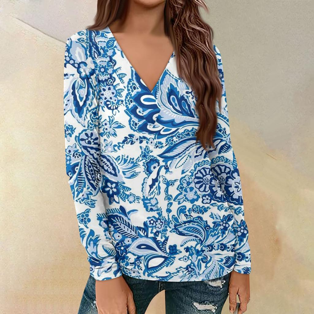 Women's Casual Printed Long Sleeve Loose V-Neck Pullover Top