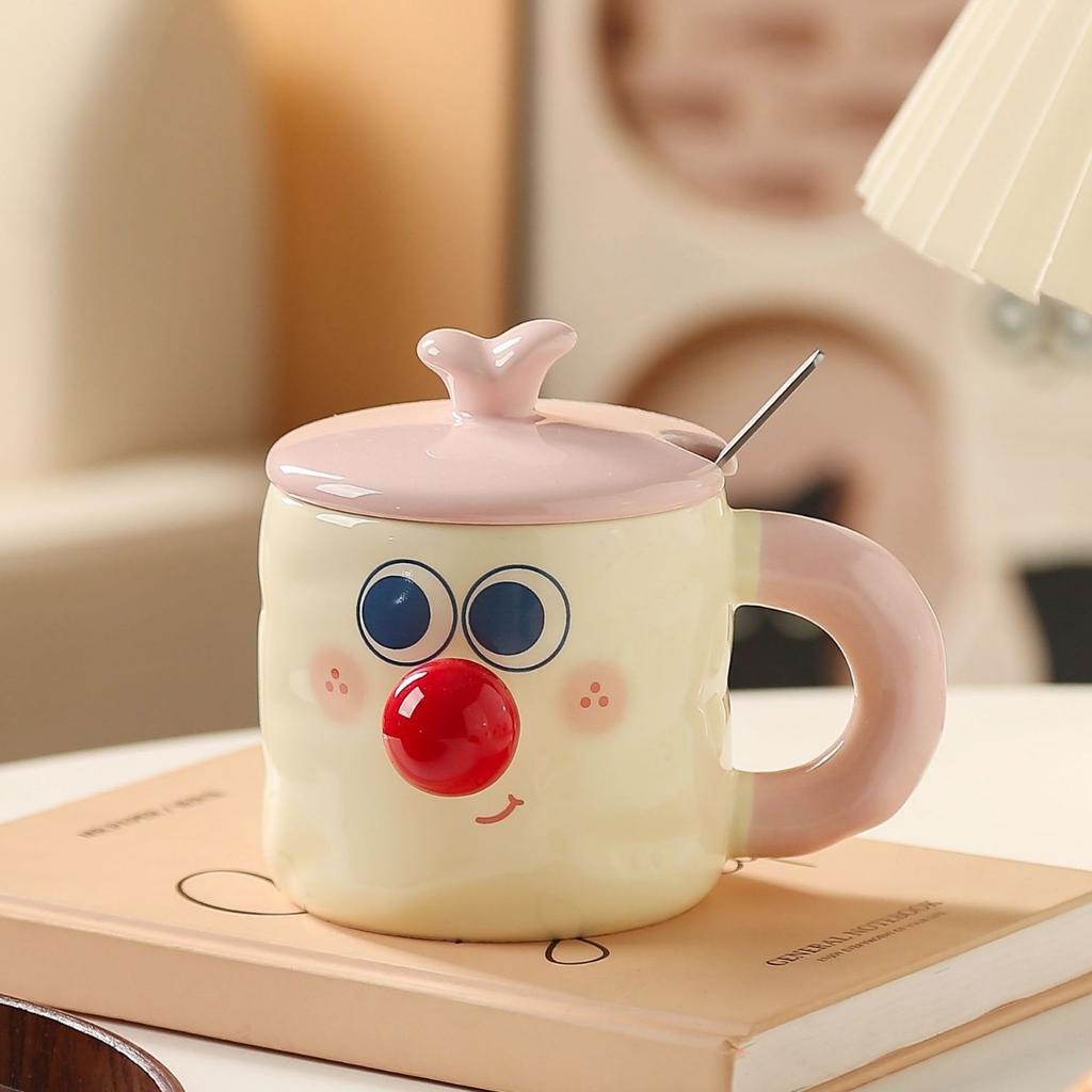 Cute Cartoon Ceramic Water Cups Couple Covered Mugs  Funny Expression Cups  Practical Gift Cups for Girls