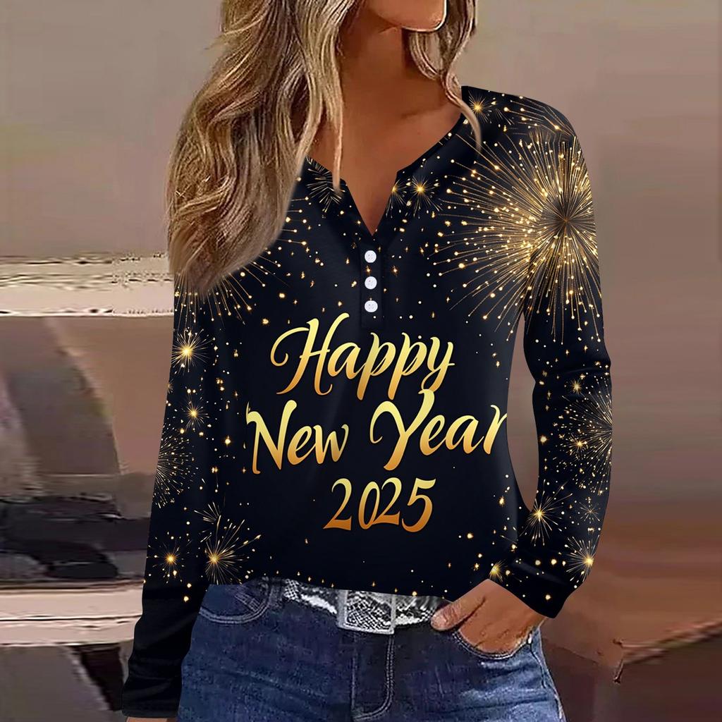 Жен. Футболка Футболка С принтом Пуговицы Длинный рукав Повседневные Выходные Мода Классический V-образный вырез Обычный Верх