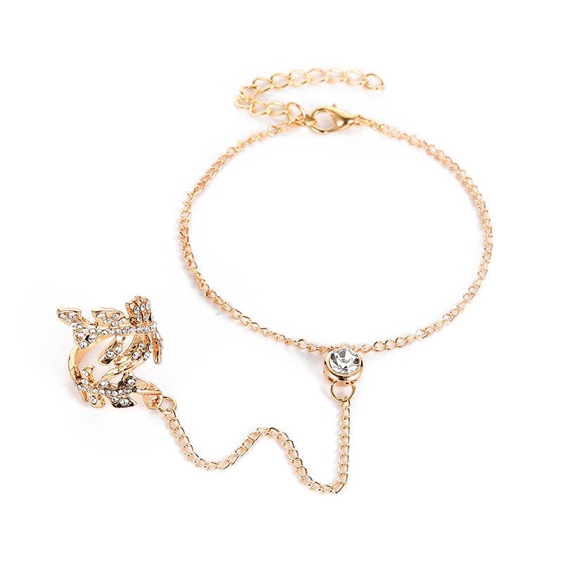 Fashionable European & American Knuckle Ring with Diamond-Studded Leaf Design and Attached Bracelet for Women