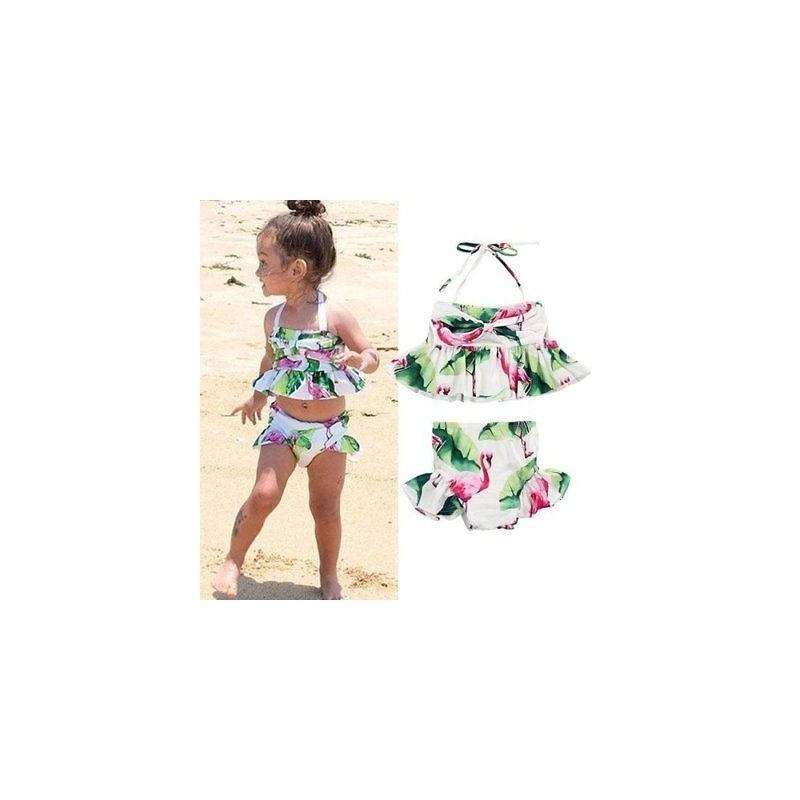 Charming 2pcs Girls Ruffle Floral Bikinis Set Featuring Adorable Flamingo Design
